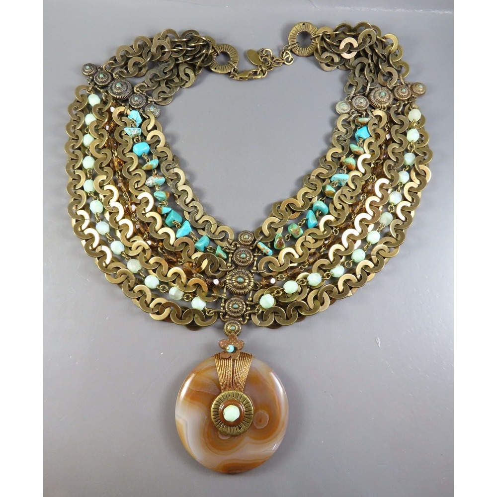 VTG Satellite Beaded Necklace BRONZE TONE Turquoise AGATE PENDANT Blue Brown